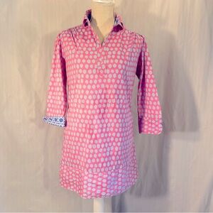 Tizzie Pink & Gray Cotton Collared Tunic Shirt Dress Hidden Side Pockets XS 👍